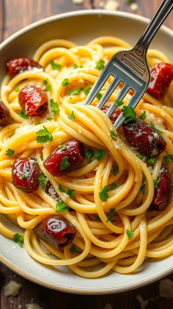 A plate of garlic noodles with dates, garnished with parsley and Parmesan, on a wooden table.